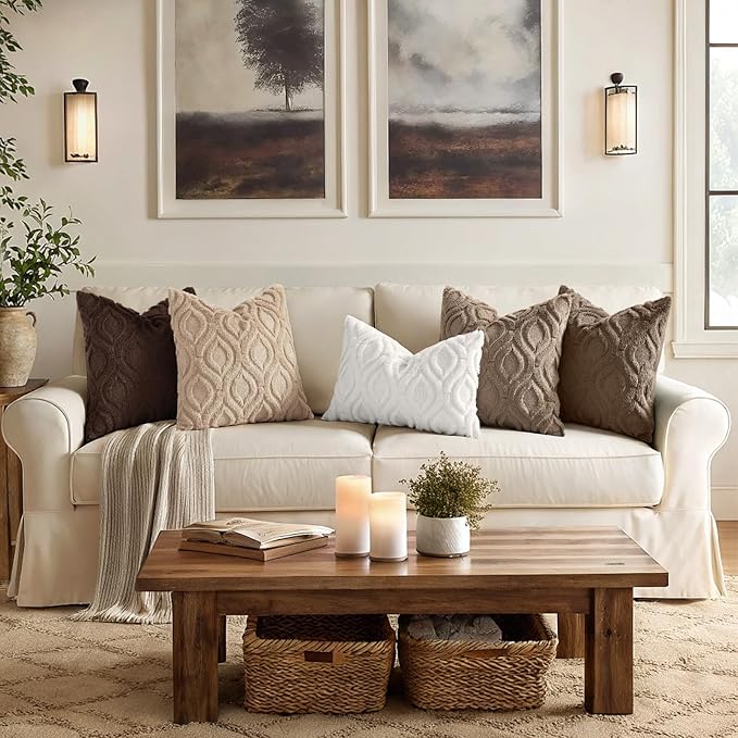 decorUhome Throw Pillow Covers 22x22 Inch Set of 2, Soft Plush Faux Wool Light Khaki Solid Couch Pillow Covers, Accent Euro Sham Farmhouse Neutral Square Pillow Cases for Sofa Bed Living Room