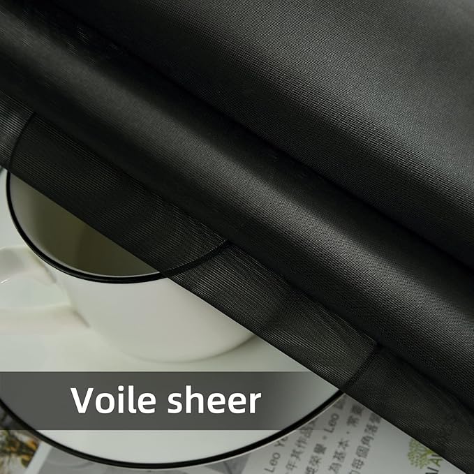 youleyar Solid Sheer Rod Pocket Curtain Voile Draperies 2 Panels White Beige Black Grey Coffee 38 Inch Width 45 Inch Long 1 Pair for Kitchen Bedroom Children Living Room Yard(Black,38Wｘ45L)