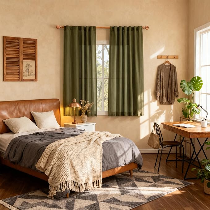 MYSKY HOME Short Semi Sheer Curtains for Bedroom 63 Inches Long Light Filtering Privacy Drapes for Small Window Linen Look Boho Home Decor Curtain for Parties, 50" x 63", Olive Green, 2 Pieces