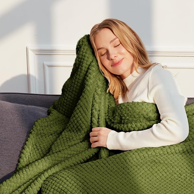 Whale Flotilla Twin Size Fuzzy Fleece Blanket, Fluffy Warm Soft Jacquard Bed Blankets for All Season, Lightweight and Cozy, 60x80 Inch, Olive