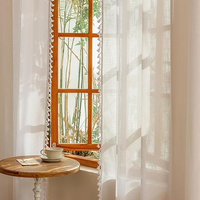 MYSKY HOME Boho Farmhouse White Long Curtains for Living Room, Light Filtering Privacy Semi Sheer Window Treatments with Tassle for Sliding Glass Door, 50" W×90" L, Pure White, Set of 2