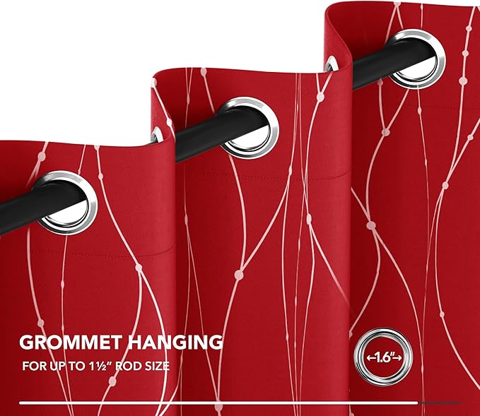 Deconovo Short Blackout Curtains, Christmas Red Curtain, Thermal Insulated Soundproof Drapes, Wave Line Dots Foil Print, 38 x 54 Inch, 2 Panels, Machine‑Washable Window Drape for Kitchen Small Window