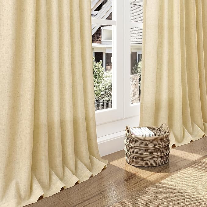Nanspring Cream Yellow Linen Curtains 63 Inch Length for Living Room Light Filtering Modern Farmhouse Semi Sheer Curtains Back Tab and Rod Pocket Privacy Curtain for Bedroom Office 52x63, 2 Panels