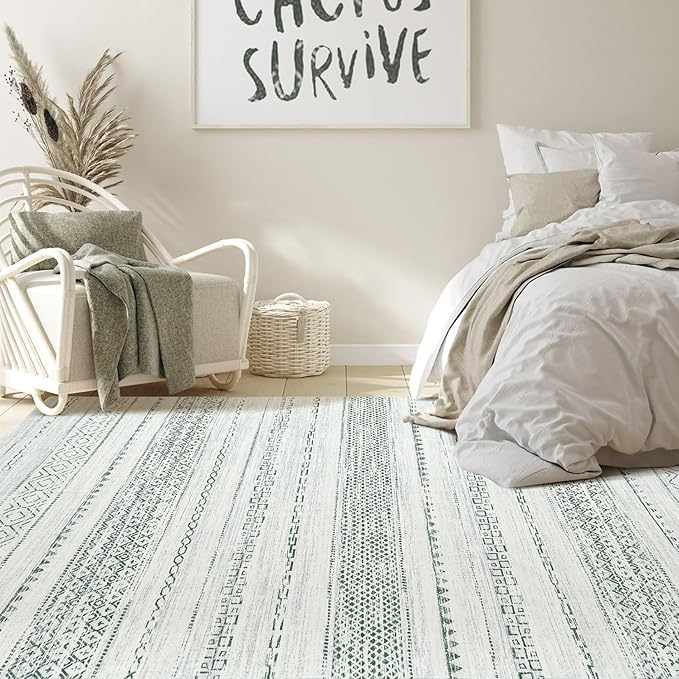 Nakagishi Green Rug Living Room 6x9: Washable Boho Large Neutral Farmhouse Soft Area Rugs Modern Stain Resistant Moroccan Indoor Non-Slip Floor Carpet for Bedroom Nursery Playroom Office Dining Room