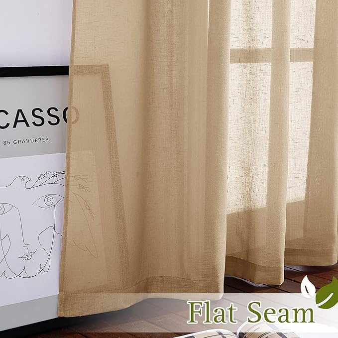 NICETOWN Sheer Linen Curtains for Sliding Glass Door, Grommet Semi Sheer Linen Blend Window Drapes Privacy with Light Filtering for Bedroom/Living Room, Camel, W70 x L84, 2 Panels