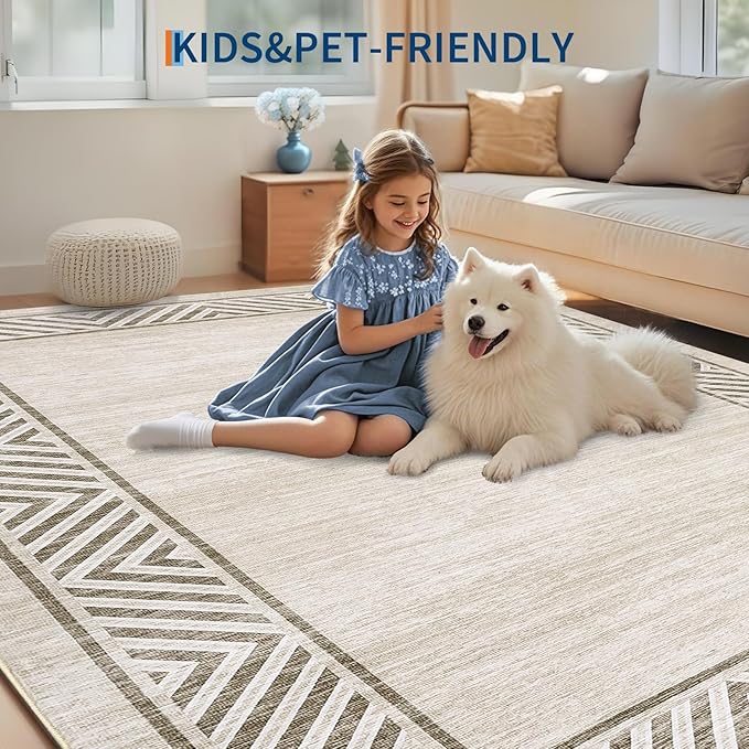 GarveeHome Large Dining Room Rug 10x13 Washable Bordered Carpet for Bedroom, Stain-Resistant Ultra-Thin Indoor Rug with Non-Slip Backing, Contemporary Floor Cover for Living Room, Office, Beige