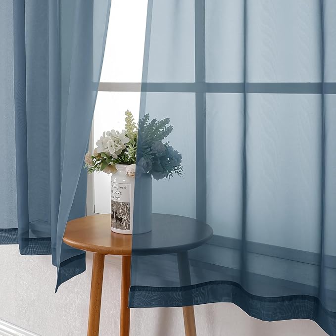 Lecloud Dusty Blue Sheer Curtains 63 Inch Length 2 Panels, Light Filtering Voile Curtain Drapes for Kitchen Bedroom Windows, Dual Rod Pocket Living Room Sheer Curtains, 40 W x 63 L Inches