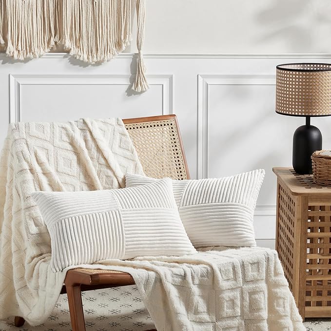 Fancy Homi 2 Packs Cream White Lumbar Decorative Throw Pillow Covers 16x28 Inch for Couch Bed Sofa, Rustic Farmhouse Boho Home Decor, Soft Striped Corduroy Rectangle Accent Cushion Case 40x70 cm