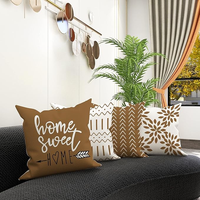 YCOLL Pillow Covers 20x20 Set of 4, Modern Sofa Throw Pillow Cover, Decorative Outdoor Linen Fabric Pillow Case for Couch Bed Car， Light Brown