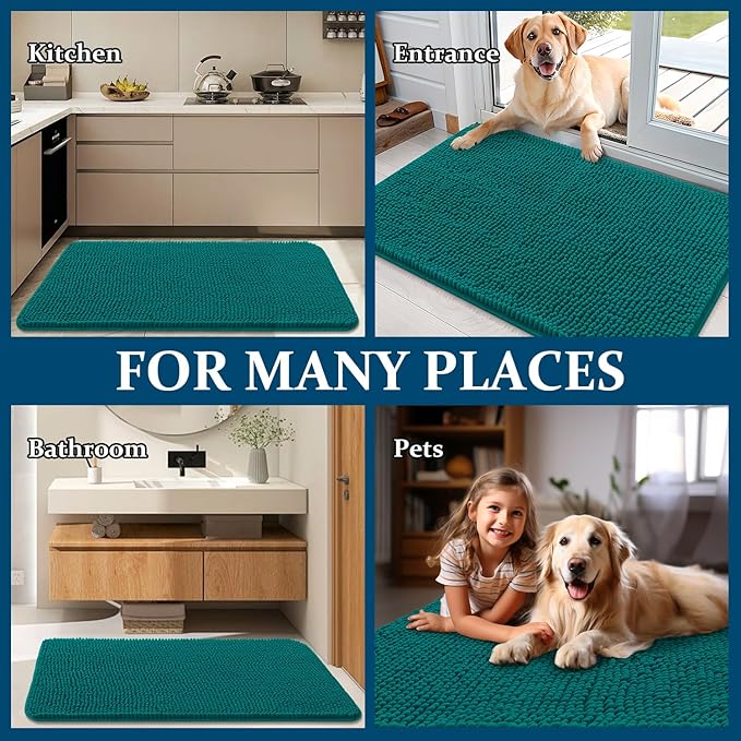 OLANLY Dog Door Mat for Muddy Paws 47x17, Absorbs Moisture and Dirt, Absorbent Non-Slip Washable Doormat, Quick Dry Chenille Mud Mat for Dogs, Entry Indoor Entryway Carpet for Inside Floor, Lake Blue