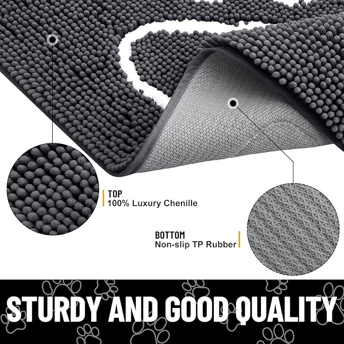 Smiry Dog Door Mat for Muddy Paws, Absorbent Dirt Trapper Non Slip Quick Dry Washable Chenille Mat for Mud Dogs, Entry Rug for Indoor and Outdoor (47x20 Inches, Dark Grey and White)
