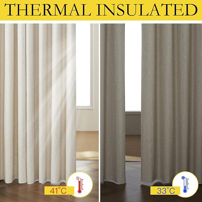NICETOWN Natural Linen Curtains 45" Long with Noise Reducing for Small Window, 42" Wide, 2 PCs, Complete Blackout Drapes, Thermal Insulated & Noise Reducing Window Draperies with White Liner
