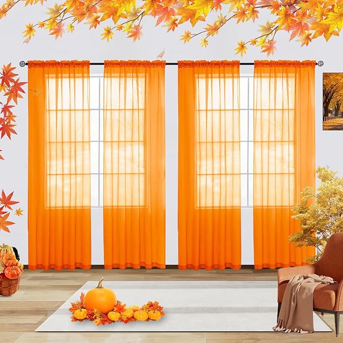youleyar Solid Sheer Rod Pocket Curtain Voile Draperies 4 Panels White Beige Black Grey Ivory 52 Inch Width 54 Inch Long 1 Pair for Kitchen Bedroom Children Living Room Yard(Orange,52 Wｘ54 L)
