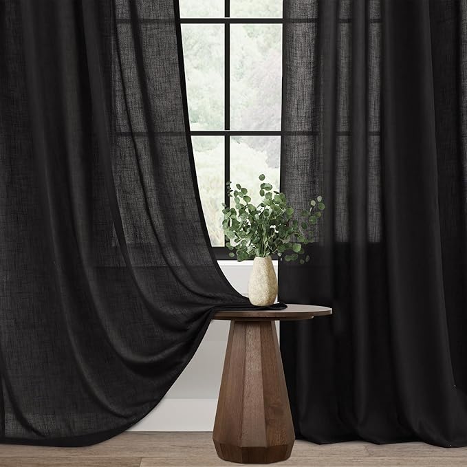 Black Linen Curtains 96 inches Long for Bedroom Back Tab Light Filtering Privacy Semi Sheer Black Curtains Living Room Boho Rustic Farmhouse Cotton Textured Gauze Curtain 2 Panel Set