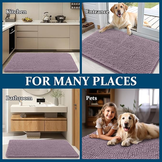 OLANLY Dog Door Mat for Muddy Paws 50x30, Absorbs Moisture and Dirt, Absorbent Non-Slip Washable Doormat, Quick Dry Chenille Mud Mat for Dogs, Entry Indoor Entryway Carpet for Inside Floor, Deep Plum