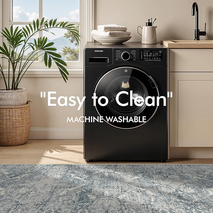 4x8 Washable Hallway Runner Rug - Wide Kitchen Runners Vintage Low Pile Carpet Soft Thin Floor Runner with Rubber Backing for Entryway Bedroom Living Room Home Decor (Blue)
