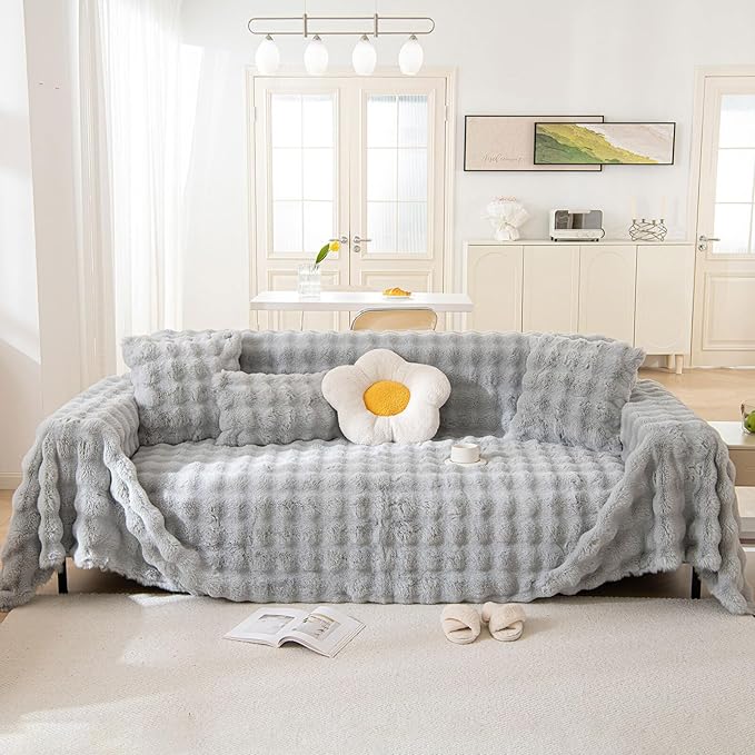 HANDONTIME Plush Sofa Covers Washable Rabbit Plush Couch Cover Soft Cozy Faux Fur Couch Protector for Dogs Fluffy Plush L Shaped Sofa Cover Pet Friendly Couch Protector Furniture, 71" X150"