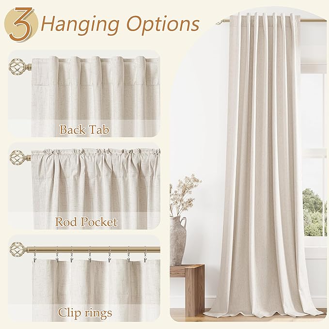 Guken 100% Blackout Linen Curtains 96 Inch Length 2 Panels Set for Living Room Bedroom Back Tab Thermal Insulated Black Out Drapes Room Darkening Farmhouse Style for Bedroom Window Curtains 52x96