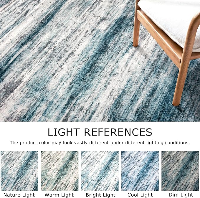 KOZYFLY Area Rug 8x10 Modern Living Room Rug, Washable Large Thin Rugs Non-Slip Soft Striped Rug for Bedroom, Print Blue Abstract Carpet for Laundry/Kid Room
