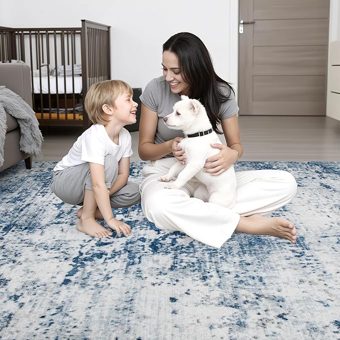 4x6 Area Rug Living Room Rug: Washable Modern Abstract Soft Thin Rug Indoor Floor No Slip Stain Resistant Carpet for Bedroom Dining Room Farmhouse Nursery Home Office - Blue