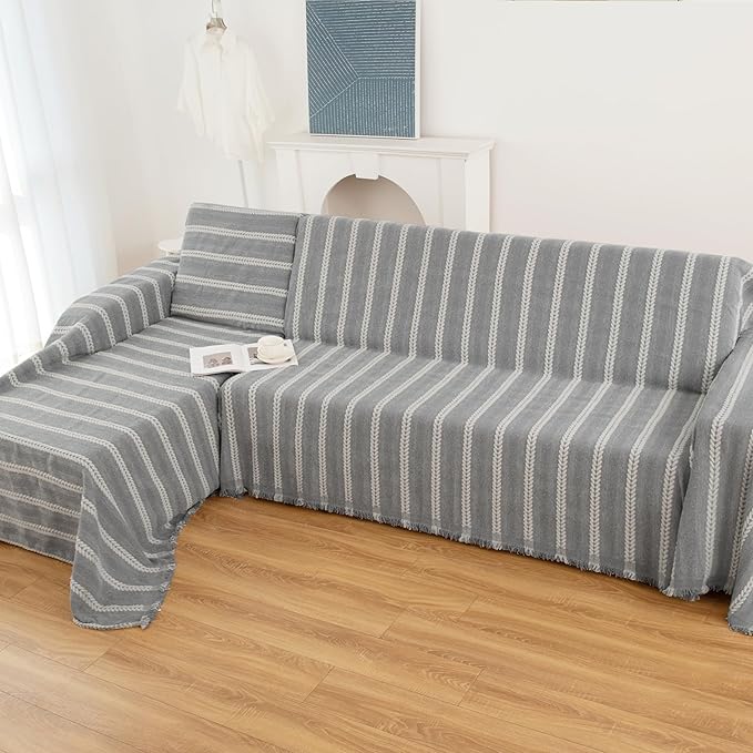 Couch Cover for Dogs, Boho Sofa Covers for 3 Cushion Couch, Chenille Sofa Slipcover for Pets Washable, L-Shape Sectional Loveseat Cover Soft Throw Blankets with Tassels(71x134,Striped Grey)