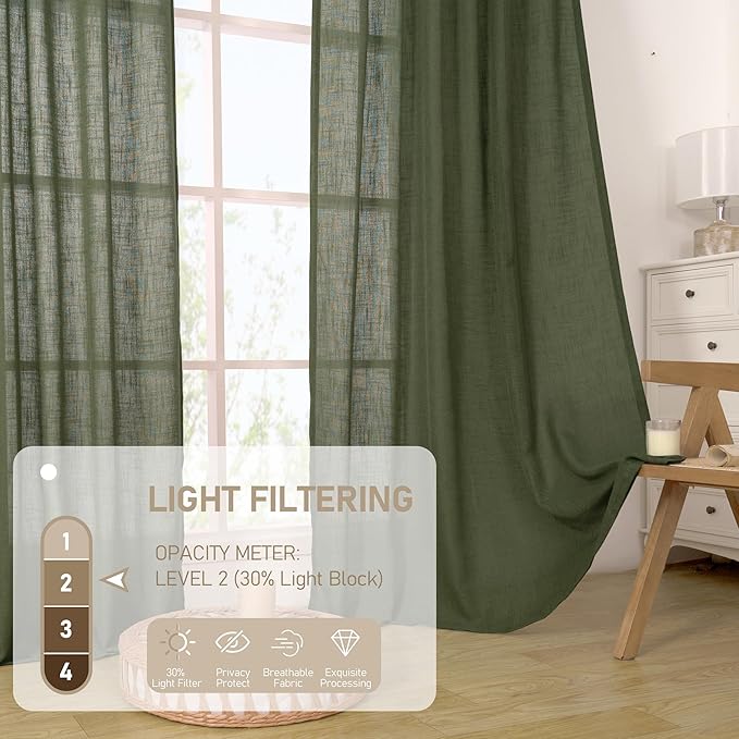 LAMIT Olive Green Linen Curtains 84 inch Length 2 Panels, Light Filtering Semi Sheer Panels Back Tab and Rod Pocket Christmas Drapes for Bedroom/Living Room, 34 x 84 Inch