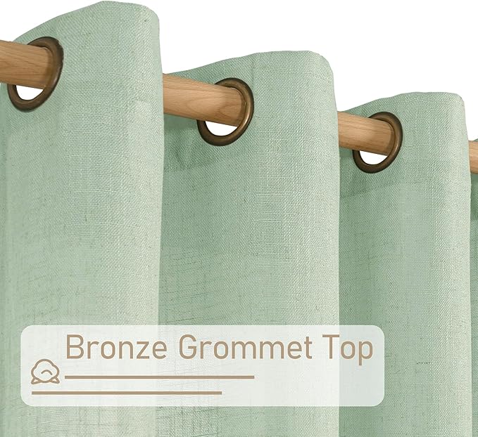 LAMIT Short Linen Curtains 40 Inch Length for Small Window, Fresh Green Light Filtering Semi Sheer Panels Bronze Grommet Neutral Drapes for Basement/Window, 2 Panels, 34 x 40 Inch