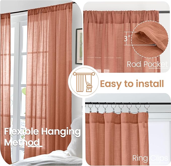 BGment Terracotta Linen Curtains 63 Inches Long for Living Room Windows, Semi Sheer Drapes Rustic Textured for Farmhouse Bedroom Decor with Rod Pocket Lightweight, 2 Panels Set, Each 42 Inch Wide