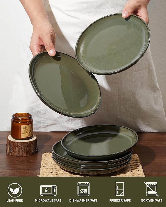 8 Inch Ceramic Plates Set, Microwave Safe Plates, Kitchen Serving Dishes, Scratch Resistant and Dishwasher Safe, Blackish Green