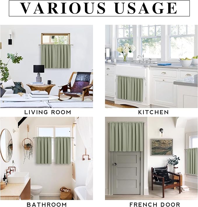 RYB HOME Blackout Cafe Curtains 30 inch Length, Short Light UV Heat Blocking Energy Saving Privacy Curtain Tiers for Basement Bathroom Kitchen Window, Width 29 by Length 30, Sage Green, 2 Panels