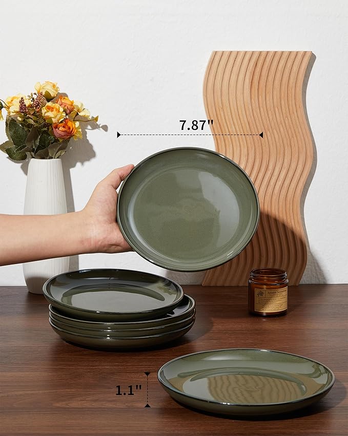8 Inch Ceramic Plates Set, Microwave Safe Plates, Kitchen Serving Dishes, Scratch Resistant and Dishwasher Safe, Blackish Green