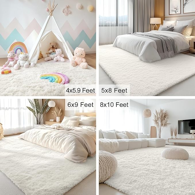 OLANLY 6x8 Machine Washable Large Area Rugs for Living Room, Bedroom, Soft Fluffy Shaggy Bedside Rug, Indoor Floor Carpet for Kids Girls and Boys, Dorms, Nursery, Home Decor Aesthetic, Ivory