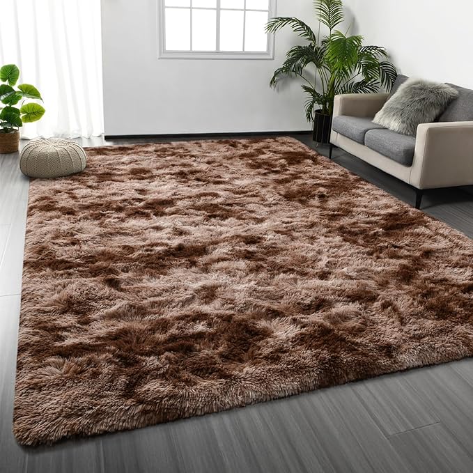 Deerhoo Shag Area Rug, 4 X 6 Tie-Dyed Plush Fuzzy Rugs for Living Room, Ultra Soft Fluffy Furry Rug for Bedroom, Indoor Carpet Nursery Rugs for Kids Room Home Decor, Coffee