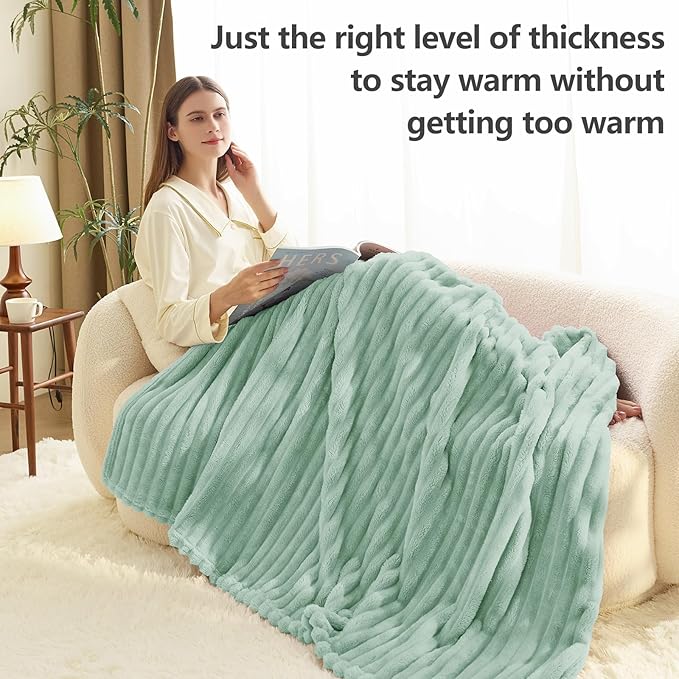 HIMEET Sage Green Ribbed Twin Blanket for Bed - 300GSM Lightweight Soft Fleece Blanket for Women, Blankets Graduation Birthday Gifts, Striped Spring Home School Dorm Decor, Sage Green, 60x80 Inches