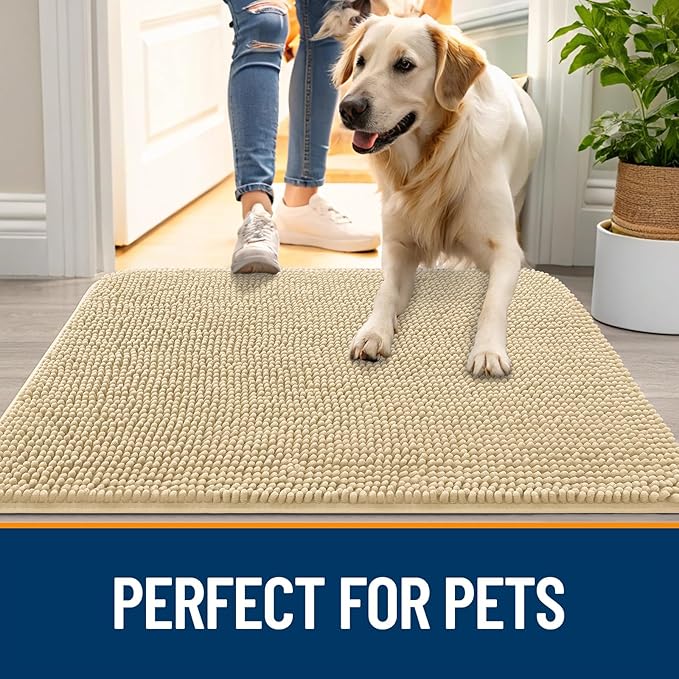 OLANLY Dog Door Mat for Muddy Paws 47x20, Absorbs Moisture and Dirt, Absorbent Non-Slip Washable Doormat, Quick Dry Chenille Mud Mat for Dogs, Entry Indoor Entryway Carpet for Inside Floor, Sand