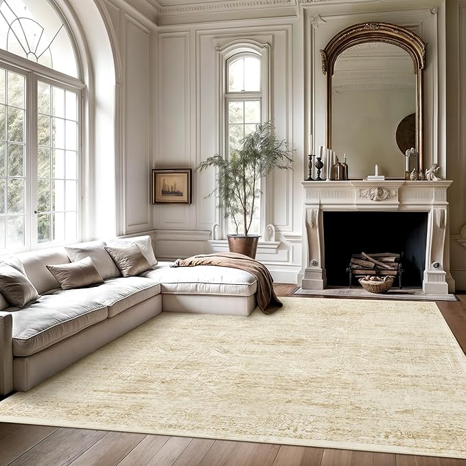 Washable Area Rug 9x12, Large Soft Rugs for Living Room Vintage Beige Rug 9x12 Area Rugs for Bedroom Dining Room Floral Non-Slip Thin Rug
