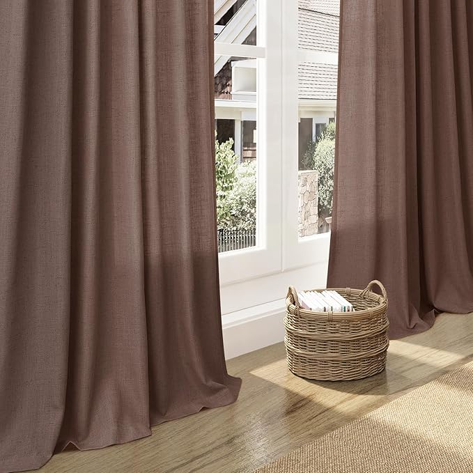 Nanspring Mocha Mousse Curtains 90 Inch Length 2 Panel Set Back Tab Rod Pocket Linen Boho Semi Sheer Light Filtering Neutral Farmhouse Decor for Living Room and Bedroom 52x90