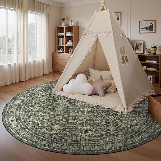 Lofus 6ft Area Rugs for Living Room, Green Washable Area Rug with Non-Slip Backing,Soft Boho Carpets for Bedroom Dining Room Home Office Indoor Nursery