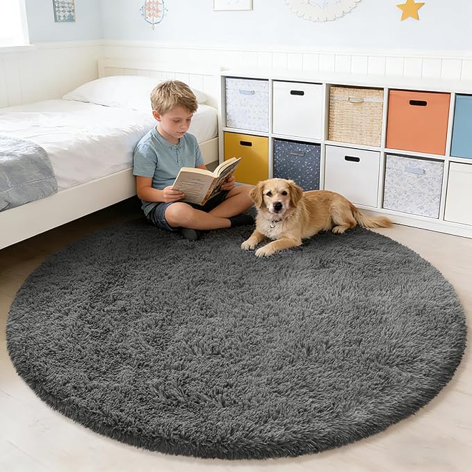 yulidayang Fluffy Round Area Rugs for Living Room,6'X6'Shag Circle Area Rugs for Bedroom,Non Slip Fuzzy Plush Rug for Kids Room Boys Girls Room and Dorm,Deep Grey