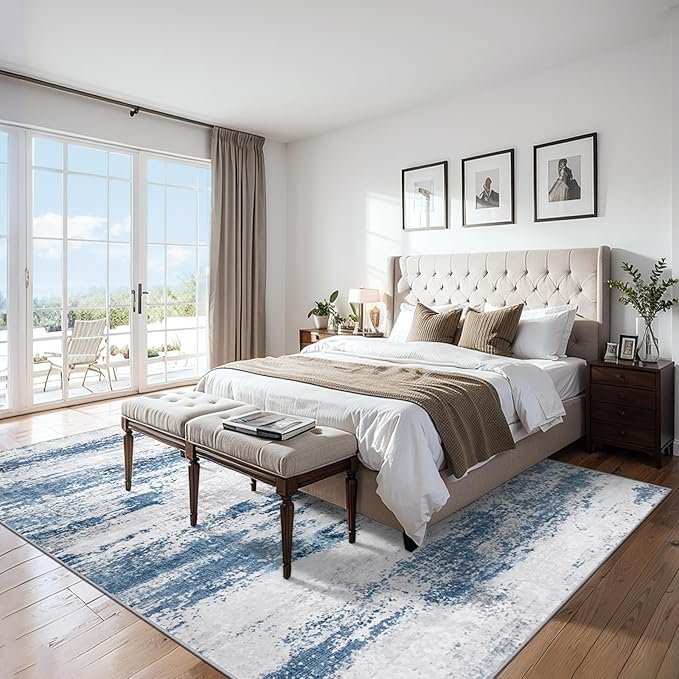 Area Rugs Living Room Rug - 5x7 Washable Modern Abstract Soft Neutral Non-Slip Carpet Large Indoor Floor Thin Carpets for Bedroom Dining Room Farmhouse Nursery Home Office White Blue Grey