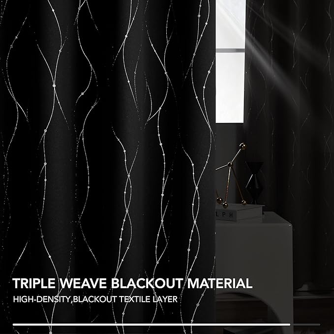 Deconovo Blackout Curtains for Bedroom, 72 Inch Length - Room Darkening Curtains, Window Grommet Curtains, Wave Line and Dots Pattern (W38 X L72, Black, Set of 2)