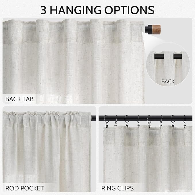 Nanspring Natural Linen Curtains for Living Room 98 Inches Long Rustic Farmhouse Decor Light Filtering Semi Sheer Curtain Back Tab and Rod Pocket Luxury Drapes for Bedroom Office 52x98, 2 Panels