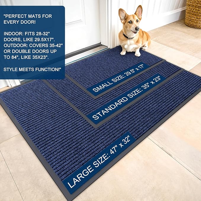 OLANLY Front Door Mat Indoor Outdoor Entrance, 2-Pack 29.5 x 17 Inch, Waterproof Heavy Duty Doormat, Fade Resistant, Low Profile, Easy Clean Patio Porch Welcome Floor Mats for Entry, Blue