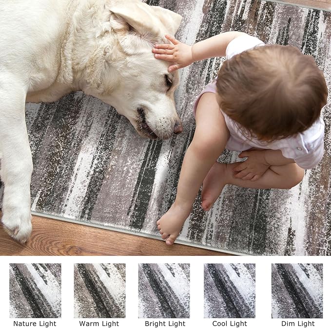 Lansny Modern Abstract 6x9 Machine Washable Living Room Rug Non-Slip Soft Bedroom Area Rug Dark Light Brown White Ultra Thin Print Faux Wool Floor Carpet Throw Rugs for Dining Room Indoor Office