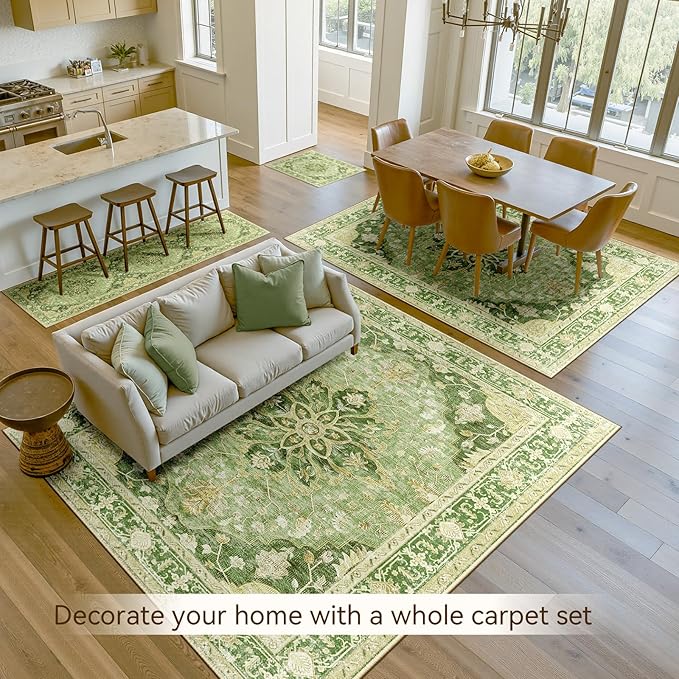 RELEANY Area Rugs 5'x8' Washable Non-Slip, Floral Vintage Distress Print Pattern Medallion Carpet for Living Room Bedroom Dining Room, Sage Green Yellow