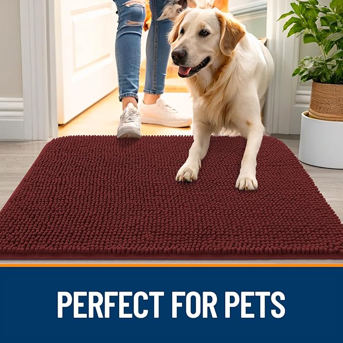 OLANLY Dog Door Mat for Muddy Paws 34x21, Absorbs Moisture and Dirt, Absorbent Non-Slip Washable Doormat, Quick Dry Chenille Mud Mat, Entry Indoor Entryway Carpet for Inside Floor, Caramel Russet