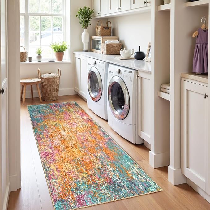 Washable Area Rugs 2'x8' Non-Slip Modern Abstract Soft for Living Room Entryway Bedroom Nursery, Print Pattern, Orange Blue Pink Yellow Colorful