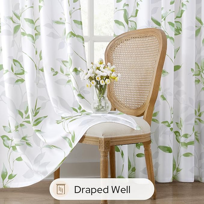 HOMEIDEAS Non-See-Through Sage Green and White Privacy Sheer Curtains 52 X 96 Inches Long 2 Panels, Leaf Floral Printed Light Filtering Semi Sheer Window Curtains Drapes for Bedroom Living Room