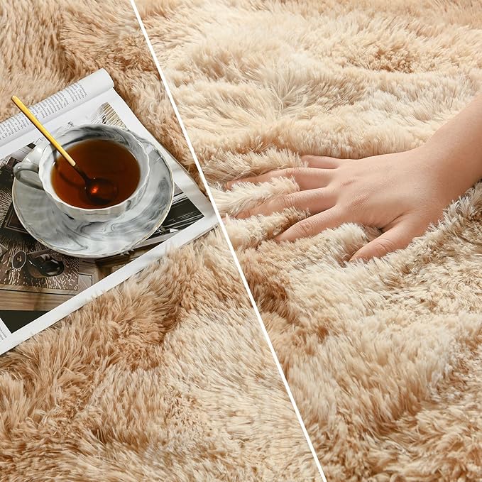 Deerhoo Large Shag Area Rugs 8 x 10, Tie-Dyed Plush Fuzzy Rugs for Living Room, Ultra Soft Fluffy Furry Rug for Bedroom, Indoor Carpet Nursery Rugs for Kids Room Home Decor, Beige