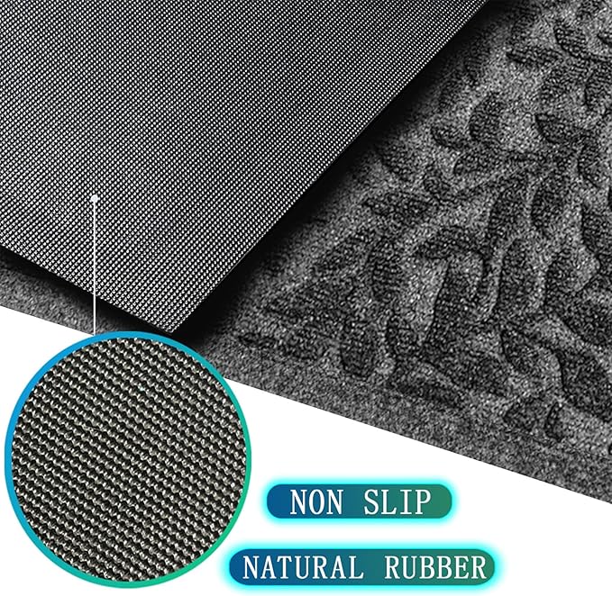 Bulijojo Sturdy Front Entrance Doormats,Durable Heavy Duty Welcome Mat,Thick Absorbent Natural Rubber Non Slip Mat,Easy Clean Entryway Mat 17x30 Inch Leaves Grey
